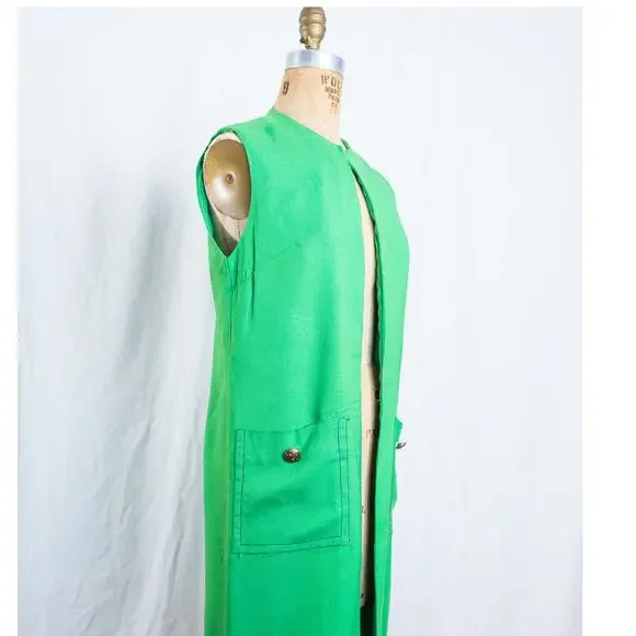 Vintage 60s Kelly Green Linen Blend Vest Duster w/ Pockets Mod Retro Bright, Med - Picture 9 of 10